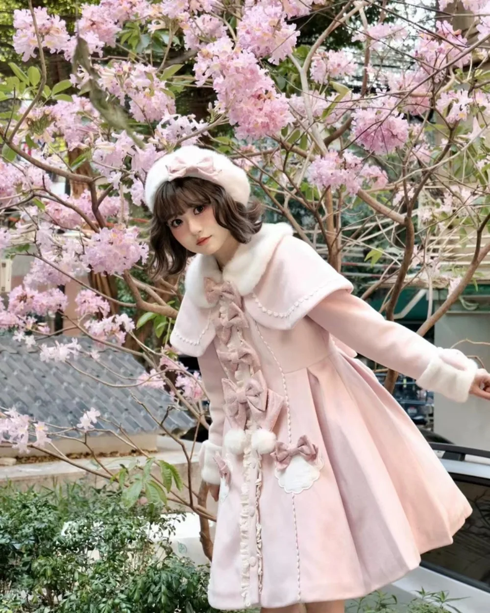 الشتاء أنيقة الحلو لطيف فتاة لوليتا القوس منتصف طول معطف الصوف عالية الخصر التخسيس معطف طويل و كيب قطعتين مجموعة #6