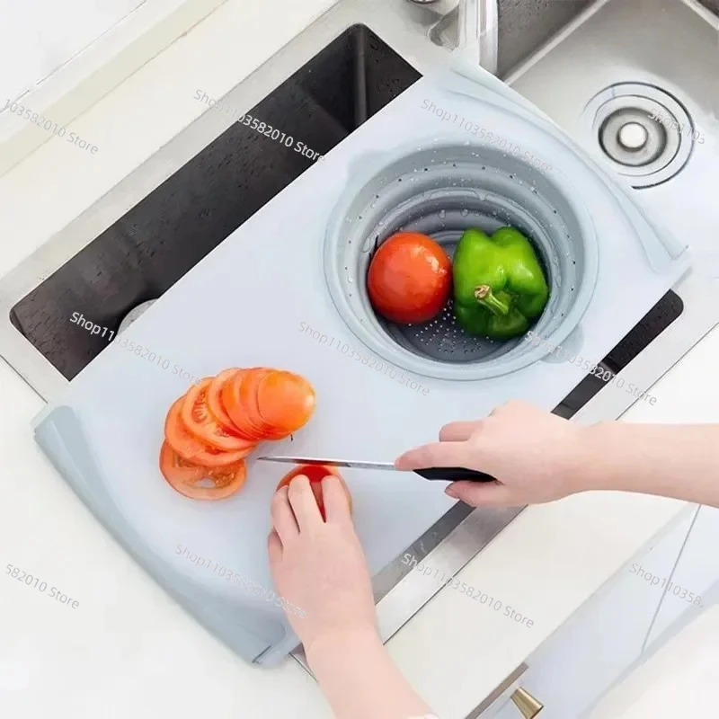 3 in 1 Multifunctional Cutting Board with Drainage Basket, Foldable Sink Chopping Board, Innovative Kitchen Prep Tool