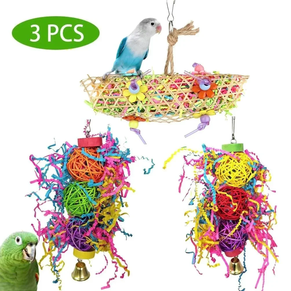 

3Pcs/lot Bird Parrot Toy Set Colorful Shredder Foraging Assorted Hanging Cage Bird Chewing Rack Toys Pet Parrot Molar Bite Toy