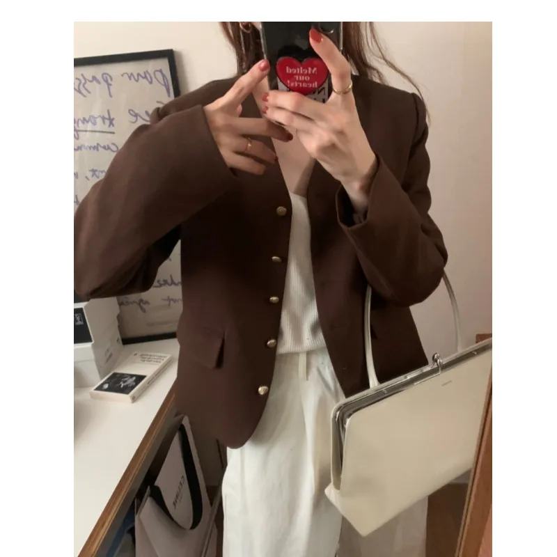 

Женское пальто в стиле ретро, осенне-зимнее пальто с металлическими пуговицами, повседневная верхняя одежда темно-коричневого цвета из полиэфирного волокна, длинный плащ