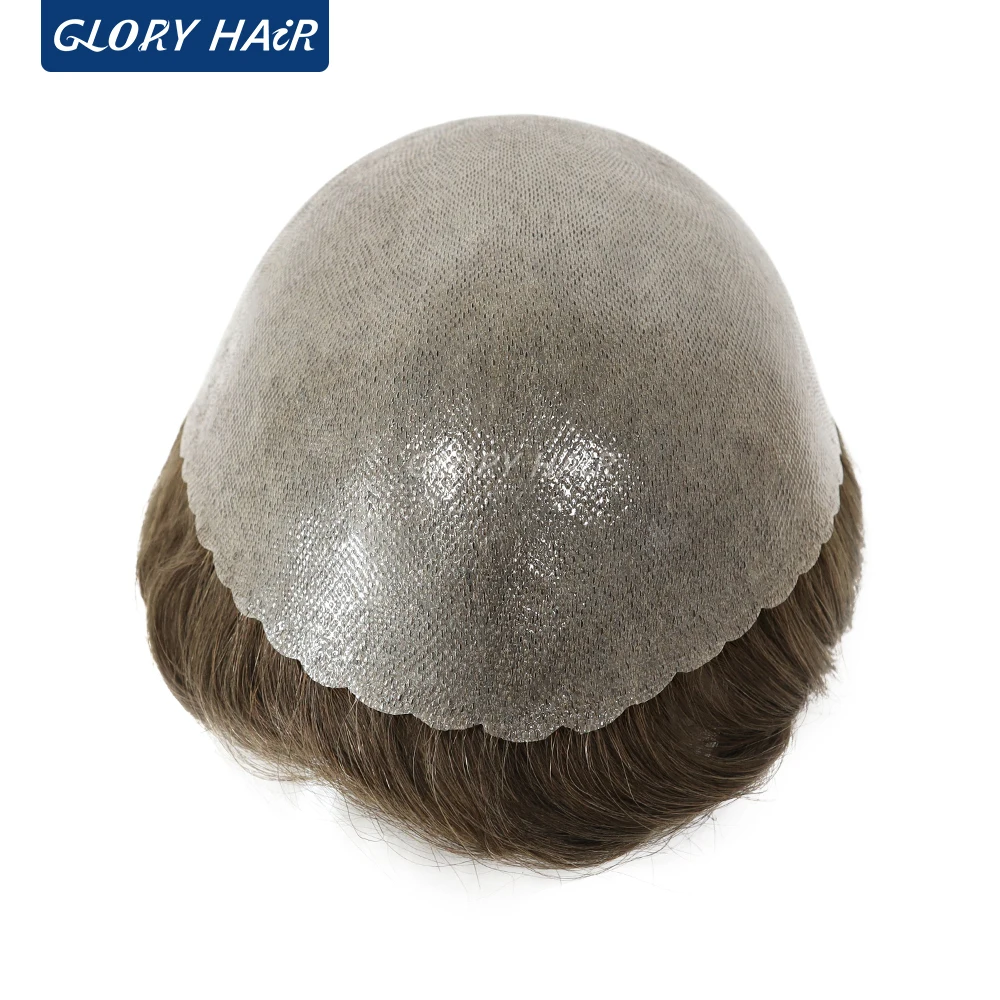 دائم مزدوجة معقود الرجال الشعر المستعار الاصطناعية 0.12-0.14 مللي متر بولي PU 5 "شعر مستعار بشري هندي رجل نظام استبدال الشعر قطع الشعر