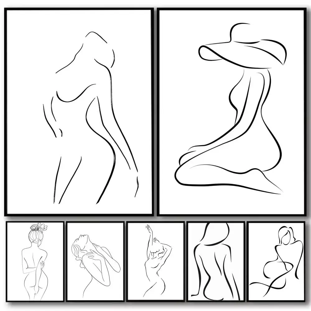 

Woman's line drawing Painting Calligraphy High-Quality Cotton Canvas Poster Wall Art for Living Room Modern Home Decoration