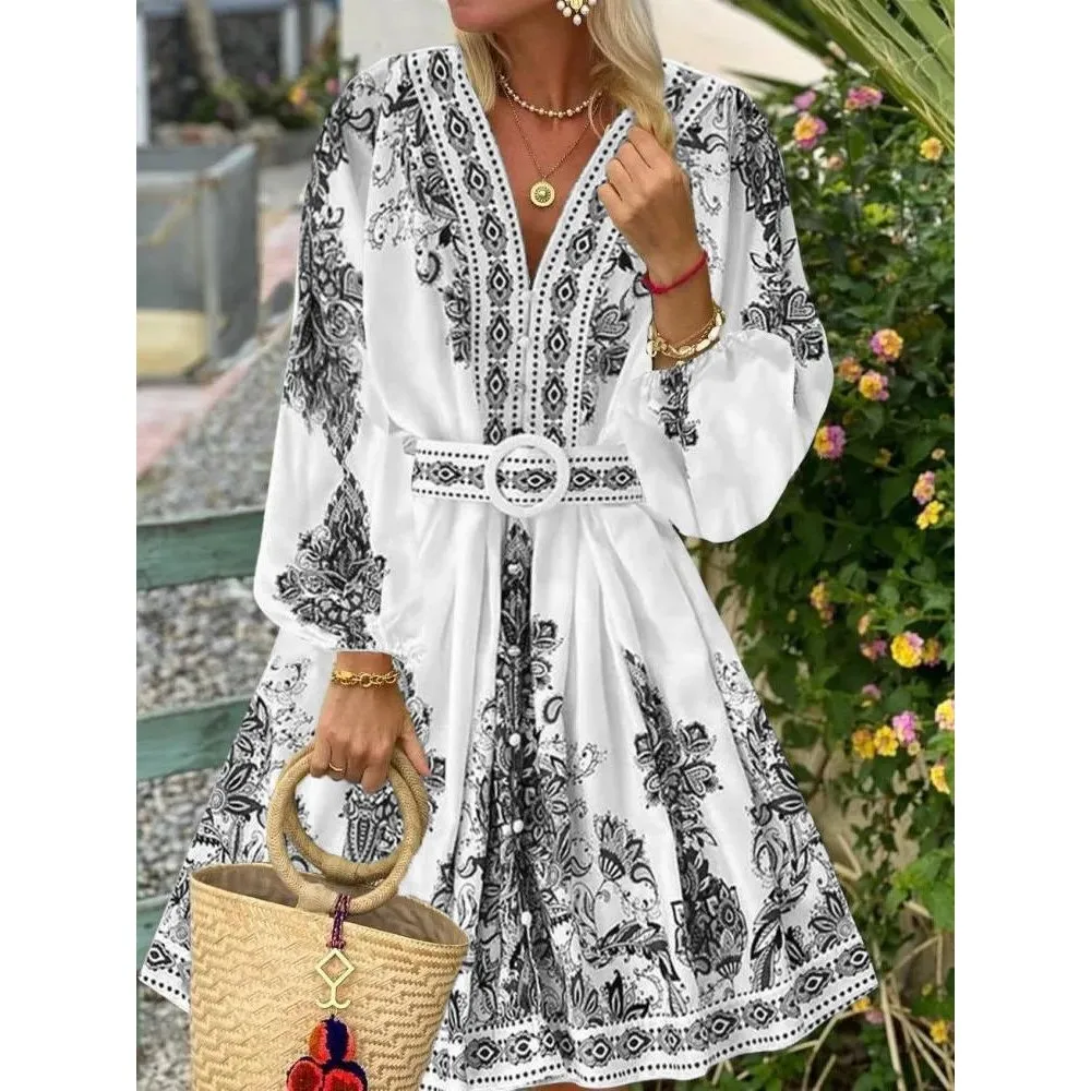 فستان نسائي أنيق بتصميم فانوس لربيع 2025، فستان نسائي بياقة على شكل V، تصميم أنيق لموسم الربيع