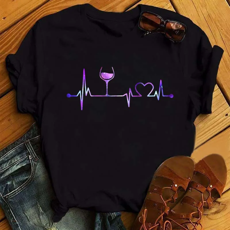 

Colorful Wine Heartbeat Print T Shirt Women Short Sleeve O Neck Loose Tshirt Summer Women Tee Shirt Tops Camisetas Mujer Femme