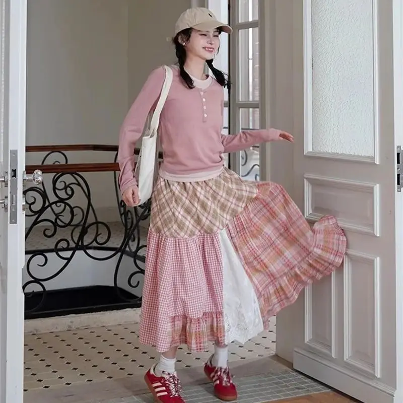 

New Elegant Plaid Skirt Women Summer Lace Patchwork A-Line High Waist Ruffled Vintage Midi Skirts Contrast Color Clothing