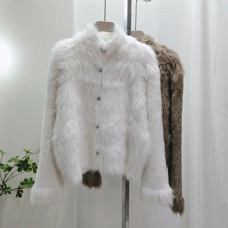 

Women's Pink Fuzzy Knitted Cardigan Sweet Long Sleeve Golden Button Cropped Soft Loose Sweater Lady 2025 Autumn Chic Outerwear