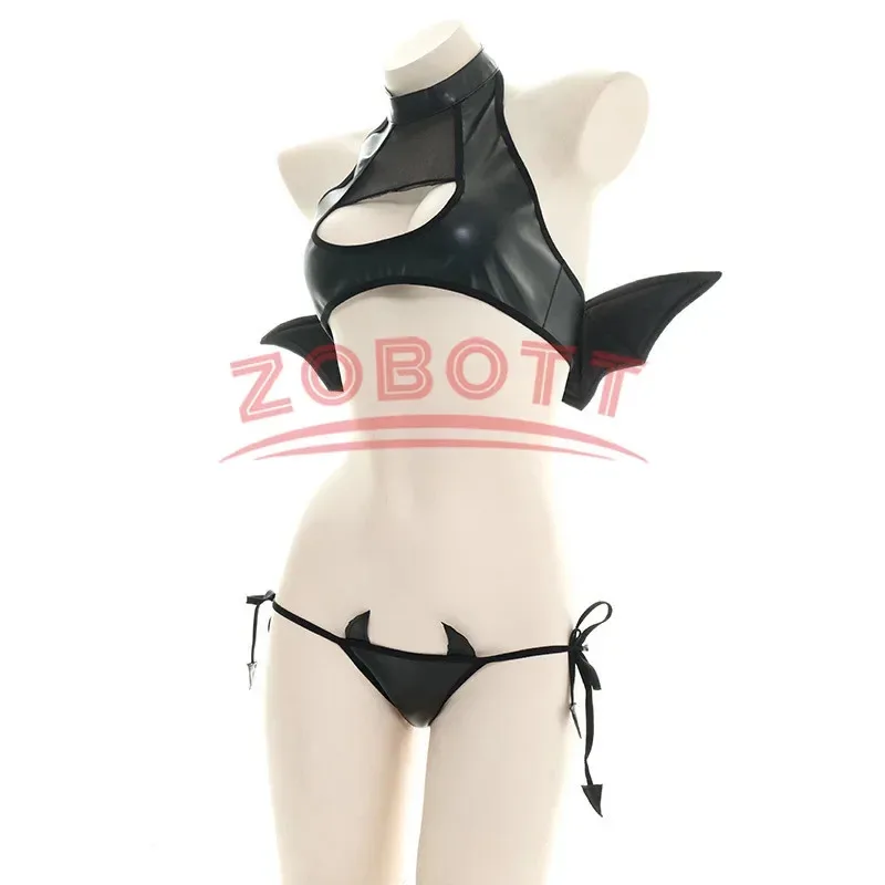 New Halloween Cosplay Jimiko Kawaii Anime Underwear Cosplay Devil Costume Sexy Lingerie Set Leather Wings Micro Bikini Open Bra view 2