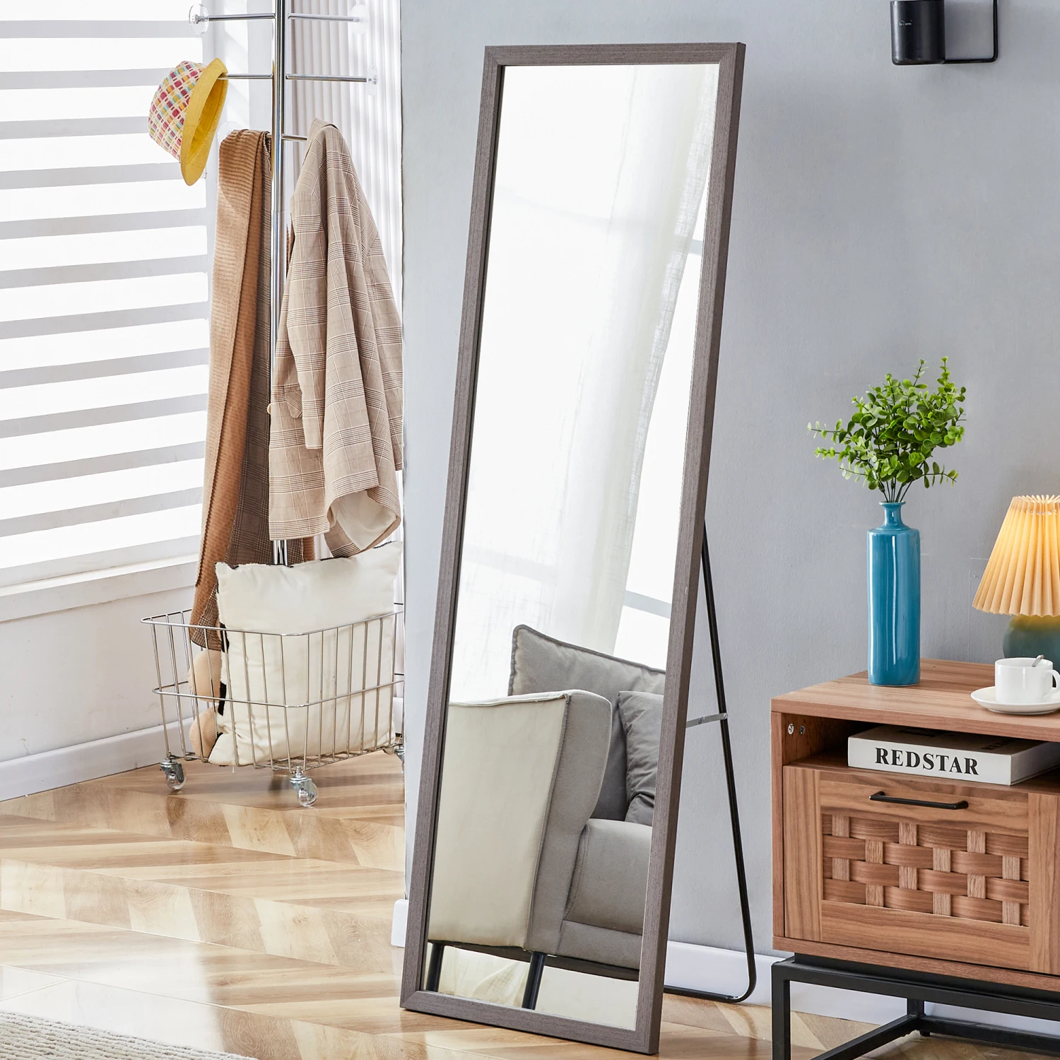 Third generation packaging upgrade, thickened frame, gray wood grain solid wood frame full-length mirror, dressing mirror, bedro