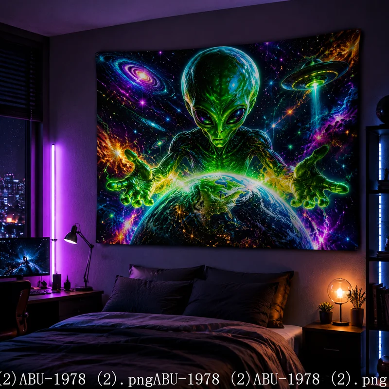 VIKAMA Giant Magic Mushroom Alien UFO UFO Nebula Tapestry Background Hanging Cloth Hippie Meditation Room Decoration
