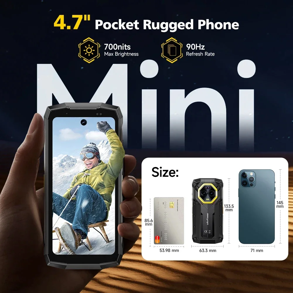 Ulefone Armor Mini 20 Pro هاتف متين 4.7 بوصة 16 جيجابايت 256 جيجابايت 5G هاتف ذكي أندرويد 14 64 ميجابكسل كاميرا ليلية 6200 مللي أمبير مصباح ليد NFC