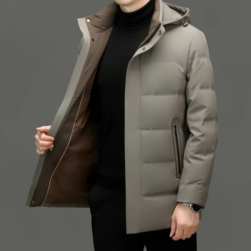 Casual Winter Mens Warm Hooded Duck Down Jacket Solid Detachable Hat Puffer Coat Outwear Loose Windproof Thick Mid-Length Parkas