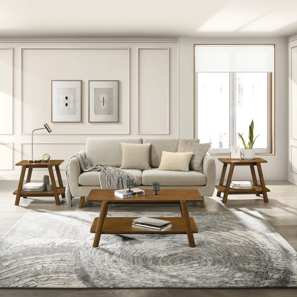 

Metz Mid-Century Modern Wood Shelf 3-Piece Coffee Table Set, Walnut Finish