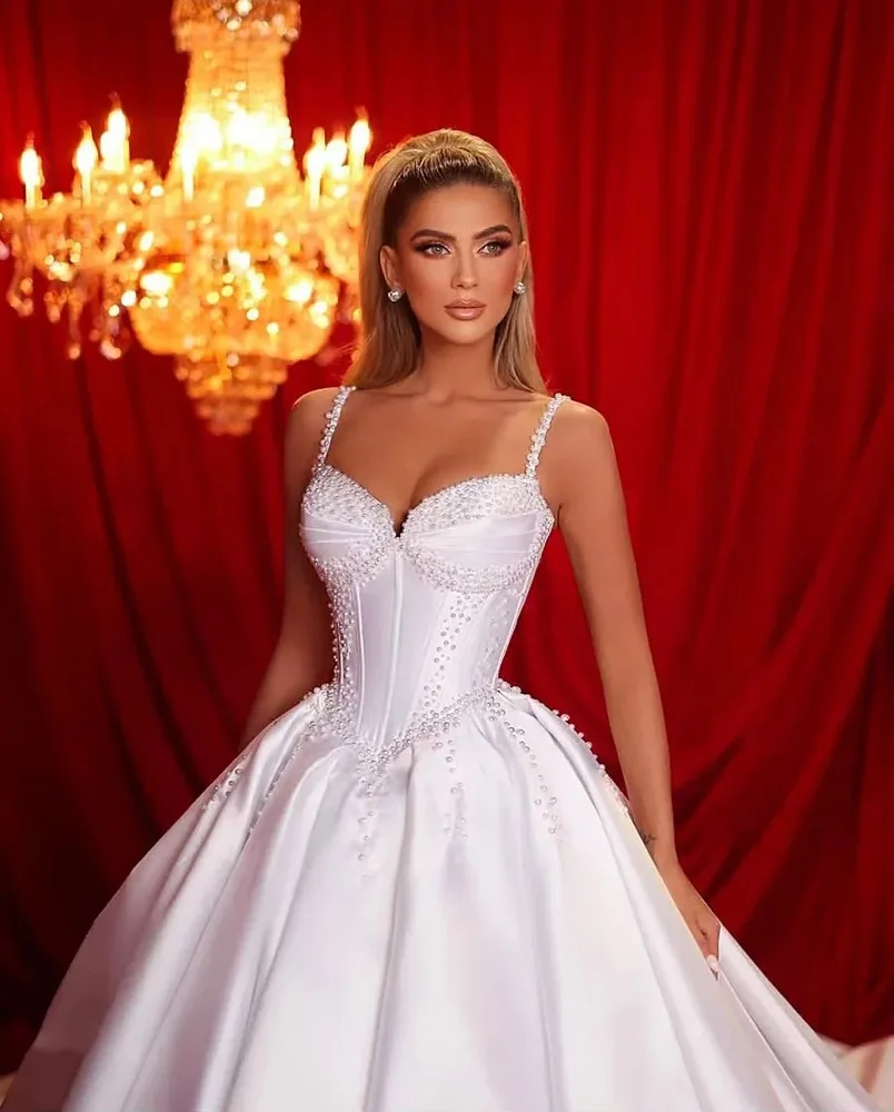 Ball Gown Wedding Dress Spaghetti Straps Backless Bridal Gowns Beading Pearls Satin Sweetheart Vestidos De Noiva Customized