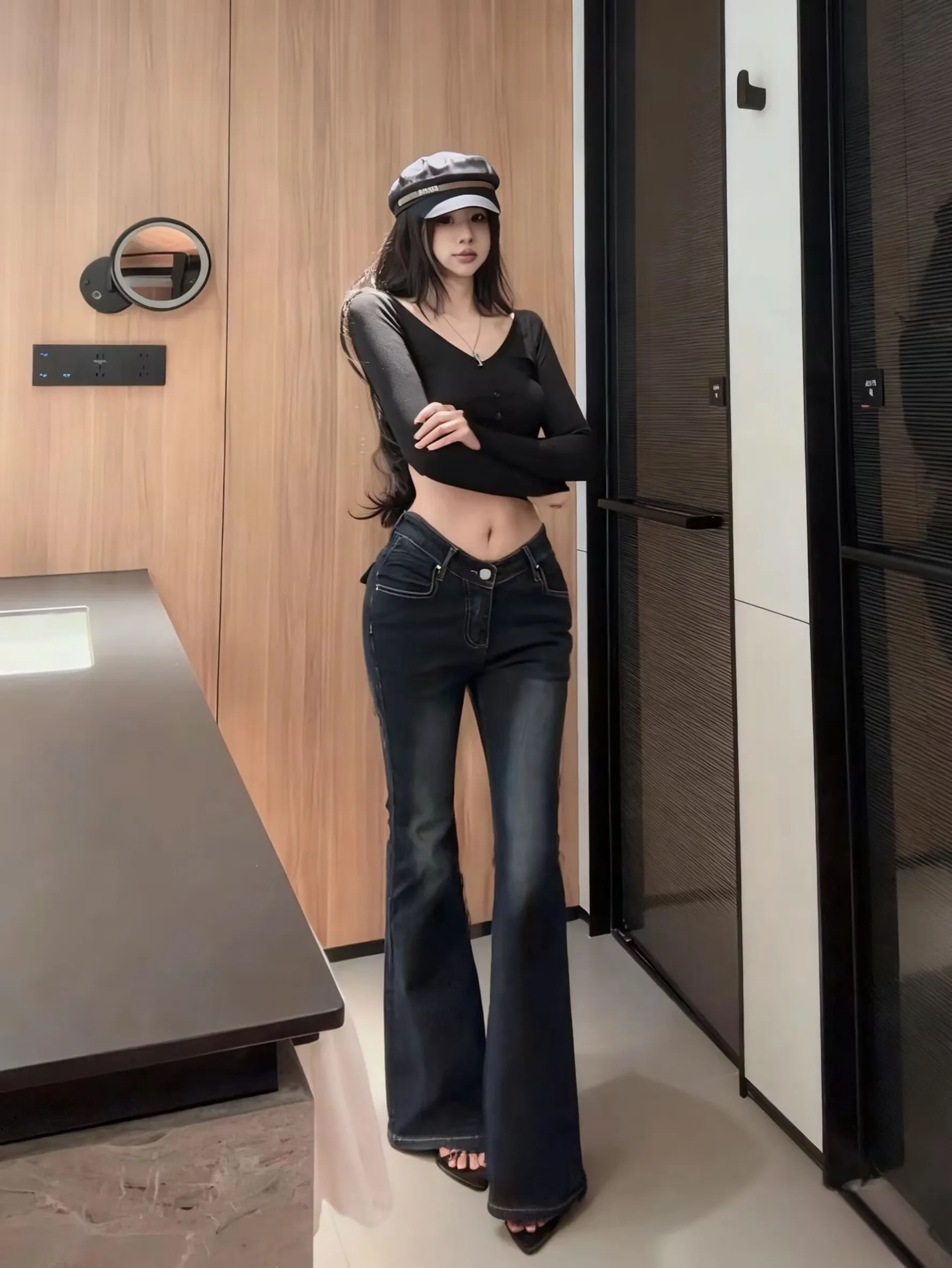 

Slimming American Sle High Waist Jeans Women's Straight Leg Long Pants Cotton Stretch Denim Simple Design Butt Lifting