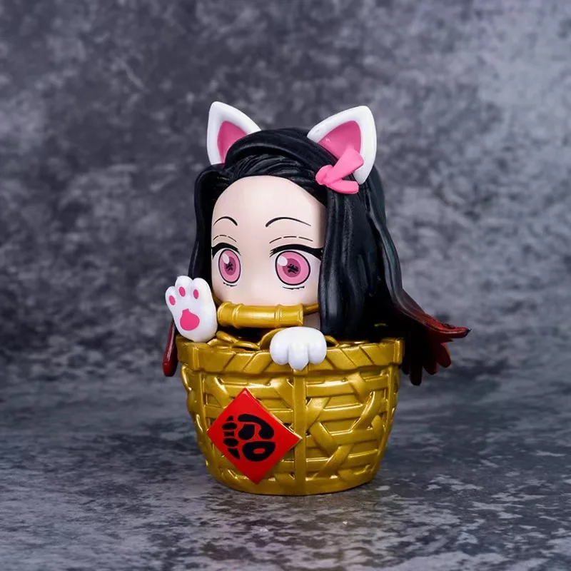 Assassino de demônios Kamado Nezuko Figura Anime, Gato Sortudo, Vestir Gaiola Dentro, Coleção Bonito Toy Modelo, 11cm