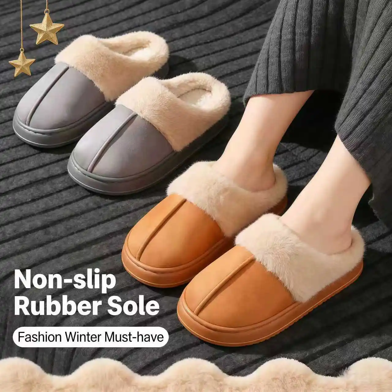 

Winter indoor fashionable women's plush anti-slip and warm slippers suitable for both men and women winter home slippers