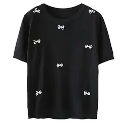 Thin Everything With Beaded Bow Short Sleeve T-shirt For Women Sweet Ice Knit Tops, Plus Size, Summer 2024