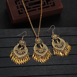 Ethnic Gold Color Geometric Tassel Jewelry Set Vintage Metal Flower Heart Pendant Earring Necklace Women's Wedding Jewellery
