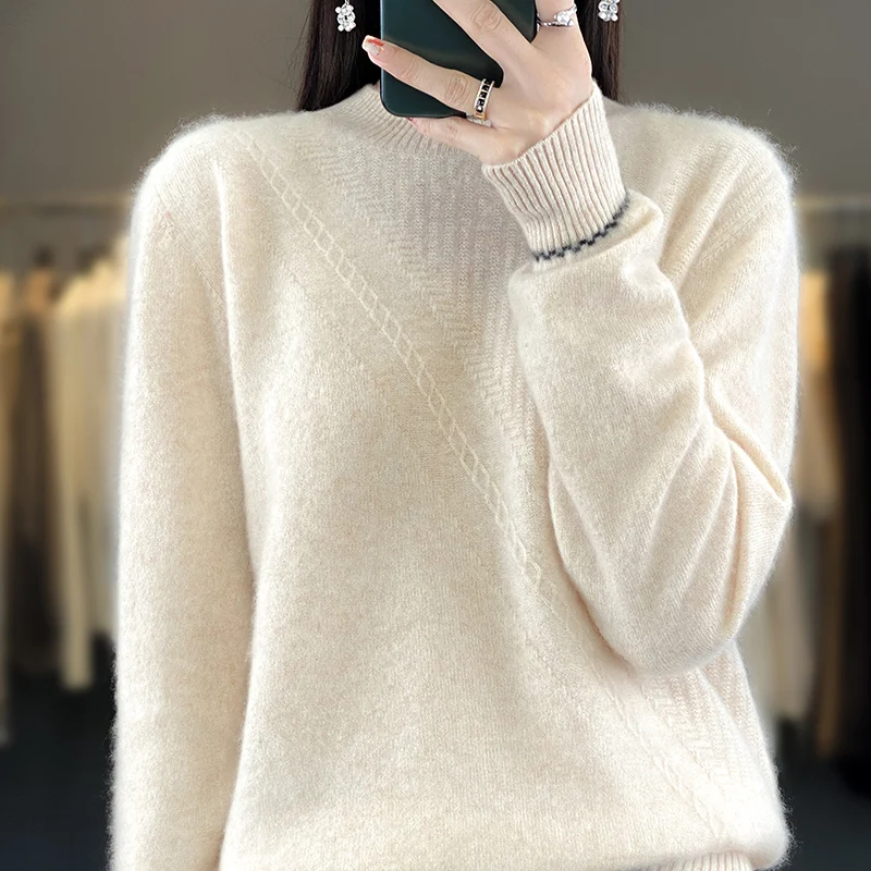 

Autumn and winter new 100% merino wool semi-turtle neck women's knitted pullover solid color twill stitching pattern loose top