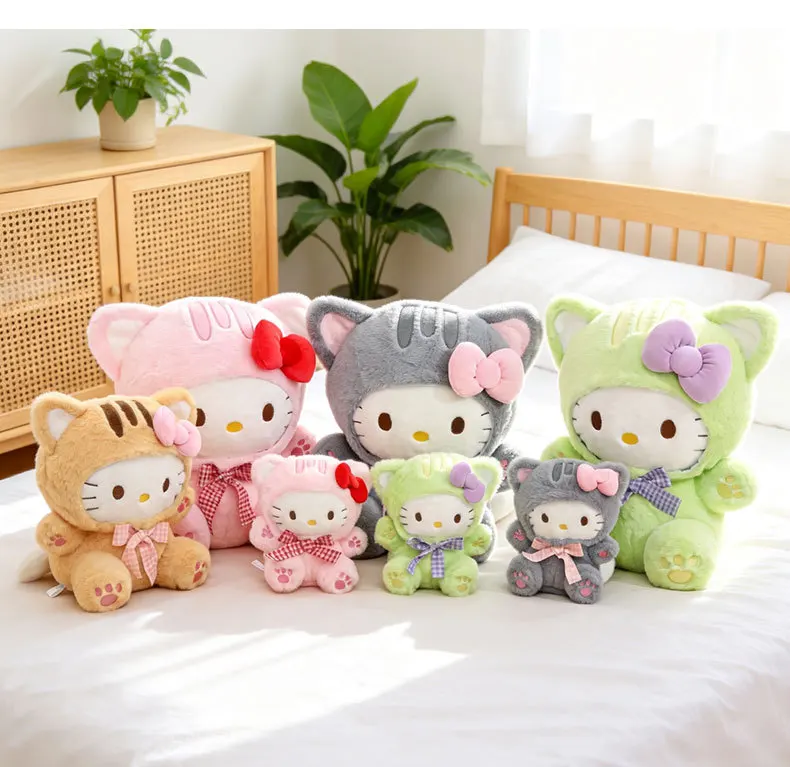 20/30/45/60CM Niedliche Graue Katze Hello Kitty Plüschpuppe mit Kariertem Schleifendesign KT Stofftier Weiches Kissen Heim- und Raumdekoration Geburtstagsgeschenk – Detail 18