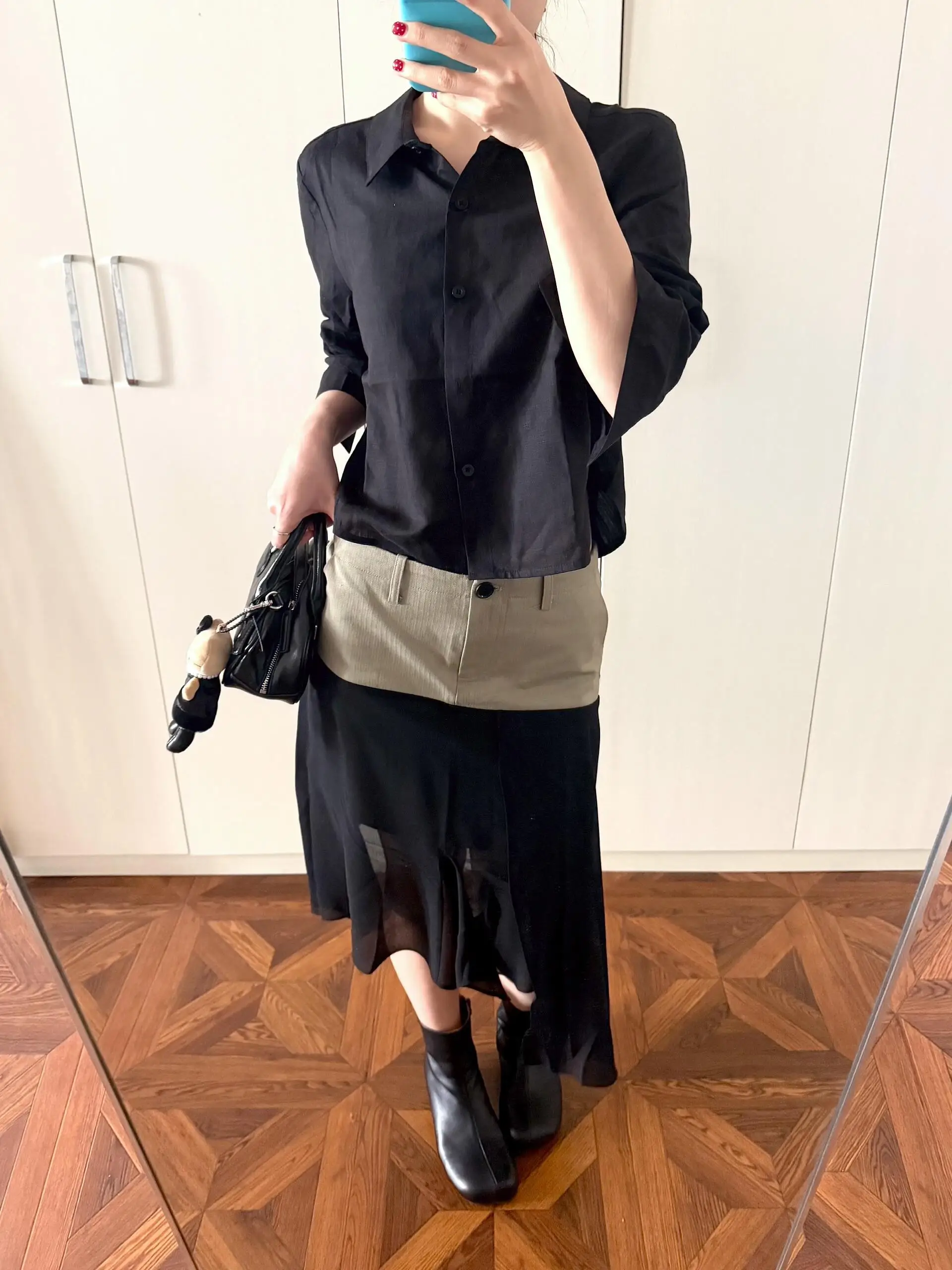 

American Style Retro Half Skirt with Asymmetric Hemline And Silk Mesh Splicing for Women High Quality Spring Autumn New Model