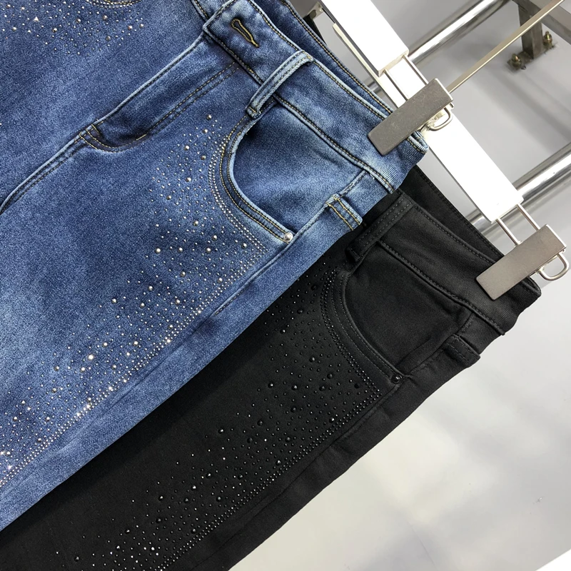 Thicken Fleece Blue Denim Trousers 2025 New Winter Stretch High Waist Slim Pencil Pants All-match Hot Drilling Floor-length Jean