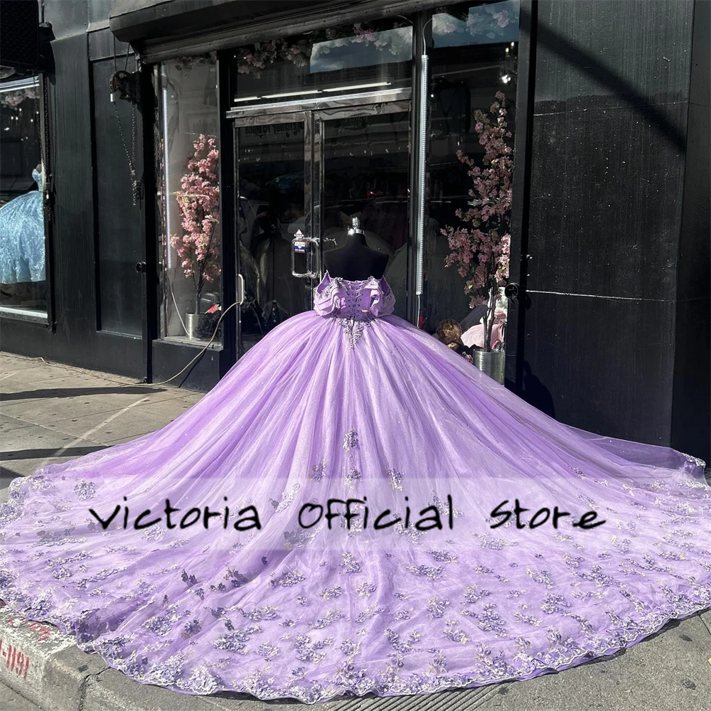 Lavender Ruffel Off The Shoulder Quinceanera Dress Lace Applique Sweet 15 Year Girl Birthday Party Dress Vestido De Quinceañera