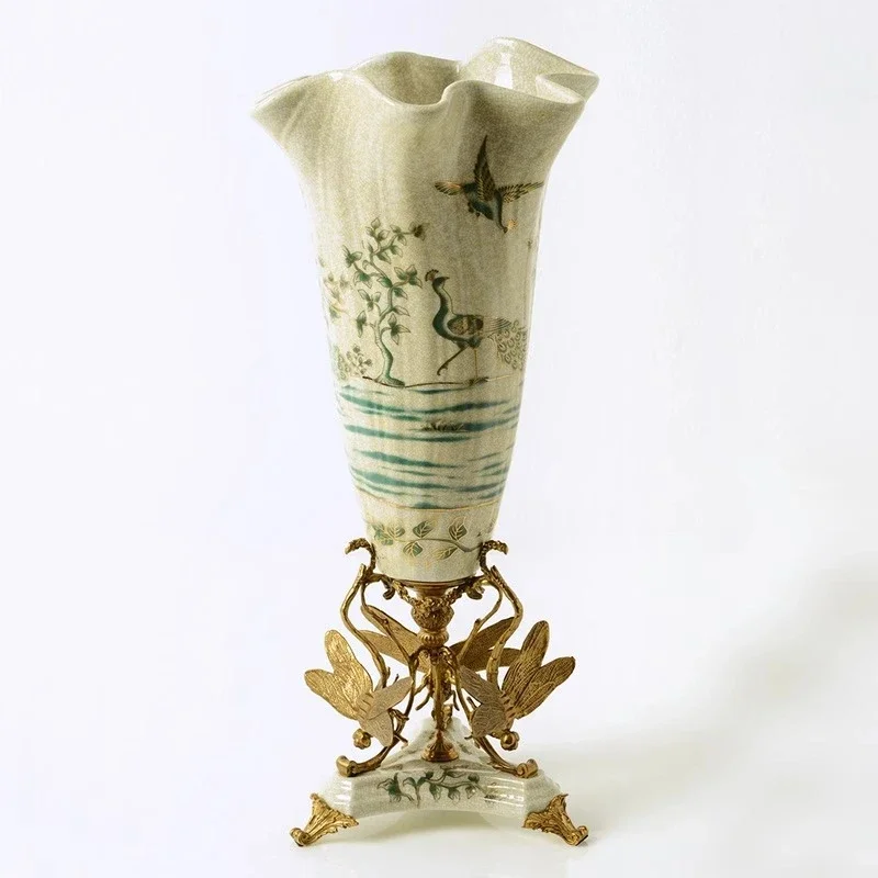 Neoclassical High-End Creative Luxury Handicraft Vase Ornament, American Ceramic with Copper Decorative Flower Insert