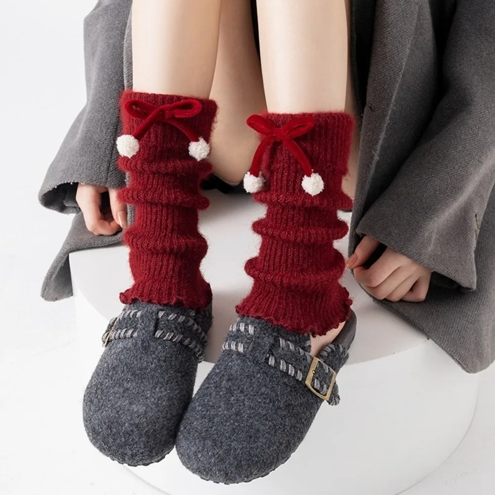 New Red Color Leg Warmers Thickened Bow Middle Tube Socks Harajuku Lolita Boot Covers Women Girls