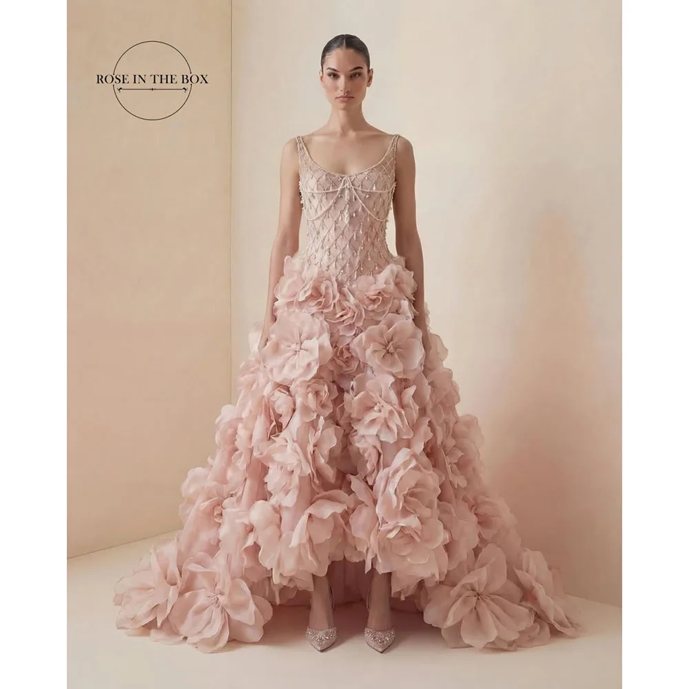 ROSEINTHEBOX Customized Tulle Long Evening Dresses with 3d Flowers Pearls High-low Dusty Pink A-line Princess Dress Formal