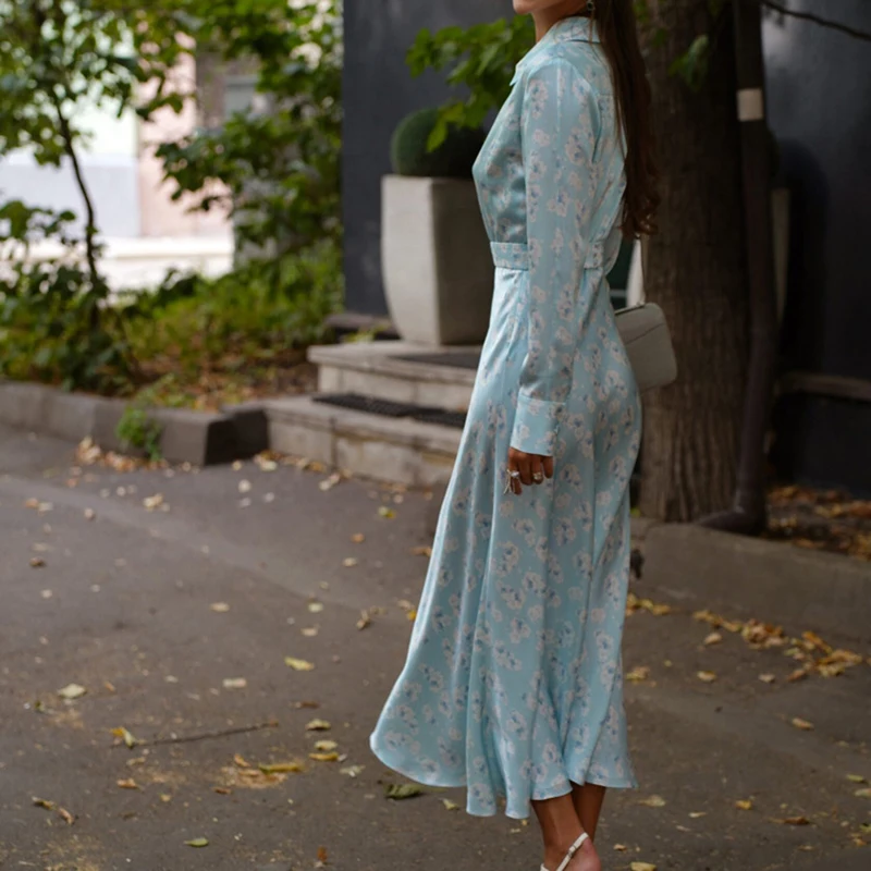 High Quality Satin Printing Dresses Spring Women Lapel Long Sleeves Loose Dress Autumn High Waist Pullover Knee Length Dress