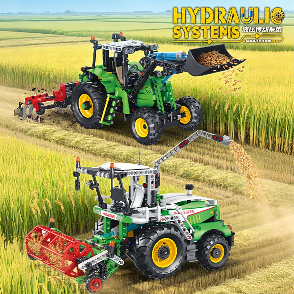 

City Hydraulic Power Farmer Vehicle Truck Building Blocks Set Technical Farm Harvester Cultivator Loader Model Bricks Toys Gifts