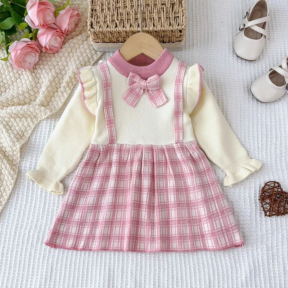 Butterfly Knot Checkered Lace Elegant Princess Dress Fashionable Patchwork Round Neck Sweater Dresses Winter New Girls' Clothing