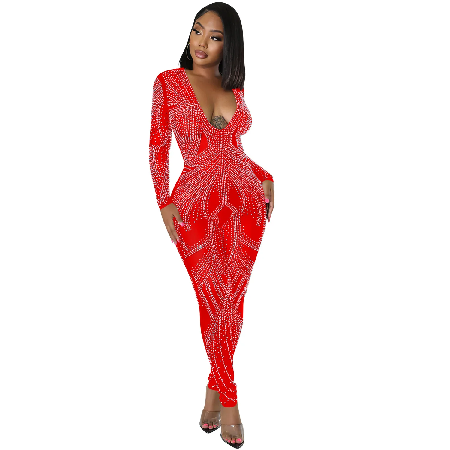 Szkzk Sexy Mesh Sheer Jumpsuits Vrouwelijke Lange Mouwen Diepe V-hals Hot Boor See Through Hoge Taille Strakke Fit Night party Rompertjes