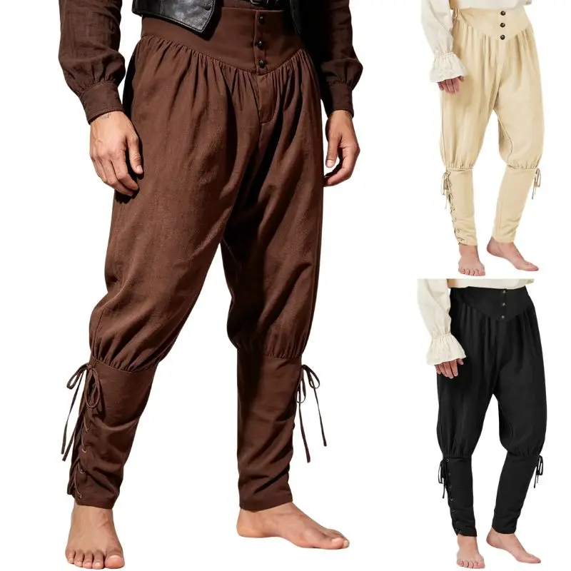 Drawstring Pirate Pant Viking Costume for Men Renaissance Medieval Pants Halloween Costume Adult Cosplay Trendy Streetwear Retro