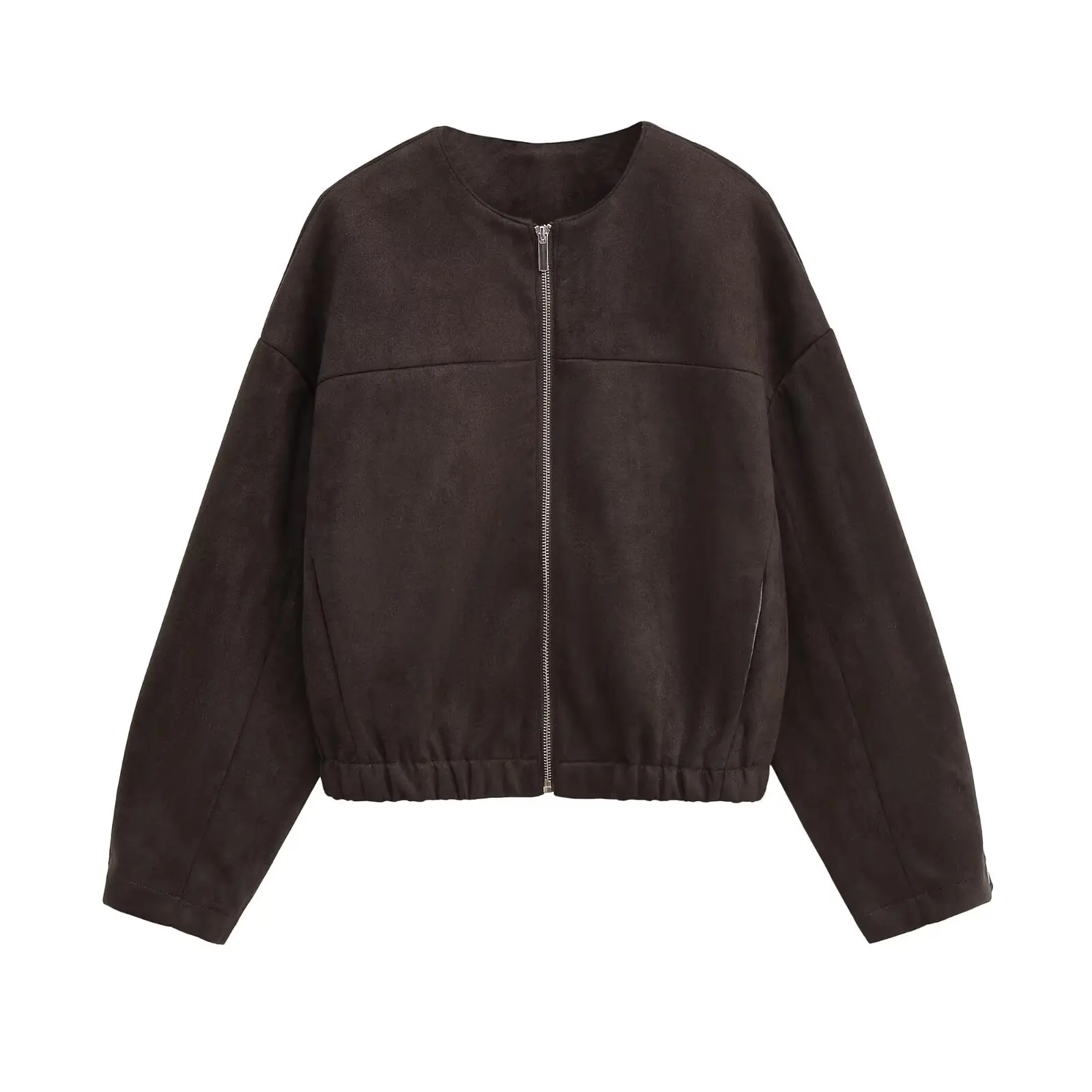 

Новое поступление осени 2025 года, женская повседневная укороченная куртка большого размера с длинными рукавами и круглым вырезом из замши