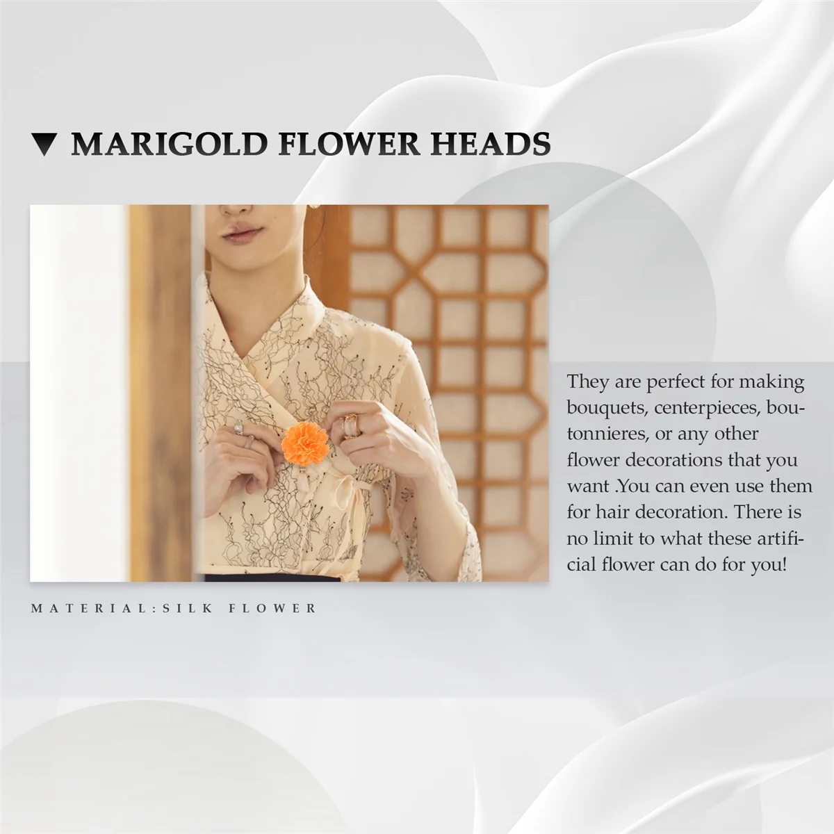 BOFF-Cabezas de flores de caléndula a granel, 100 Uds. Cabezas de flores artificiales para manualidades de guirnaldas, flores falsas de caléndula de seda, naranja