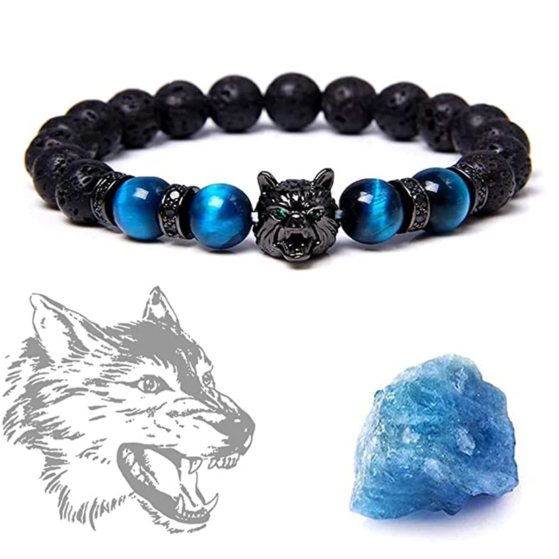 Metal Wolf Head Charm Men Bracelet Tiger Eye Lava Rock Beaded Bracelets Friend Jewelry Aromatherapy Essential Oil Diffuser Gifts