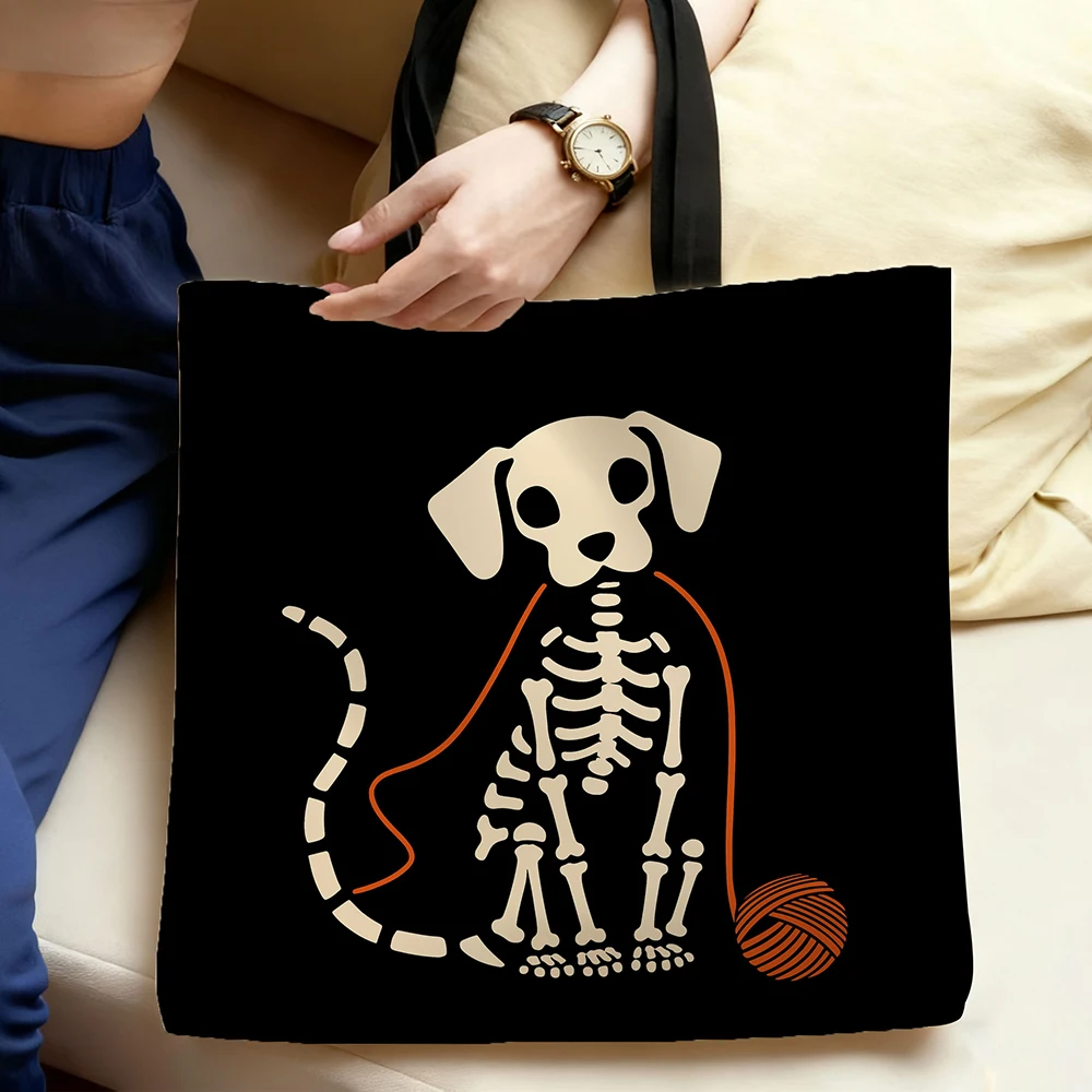 1/2 Pcs Reusable Foldable Grocery Bag, Black Skeleton Cat/Dog Print Shopping Tote with Yarn Ball Pattern, Collapsible Handbag fo - view 3