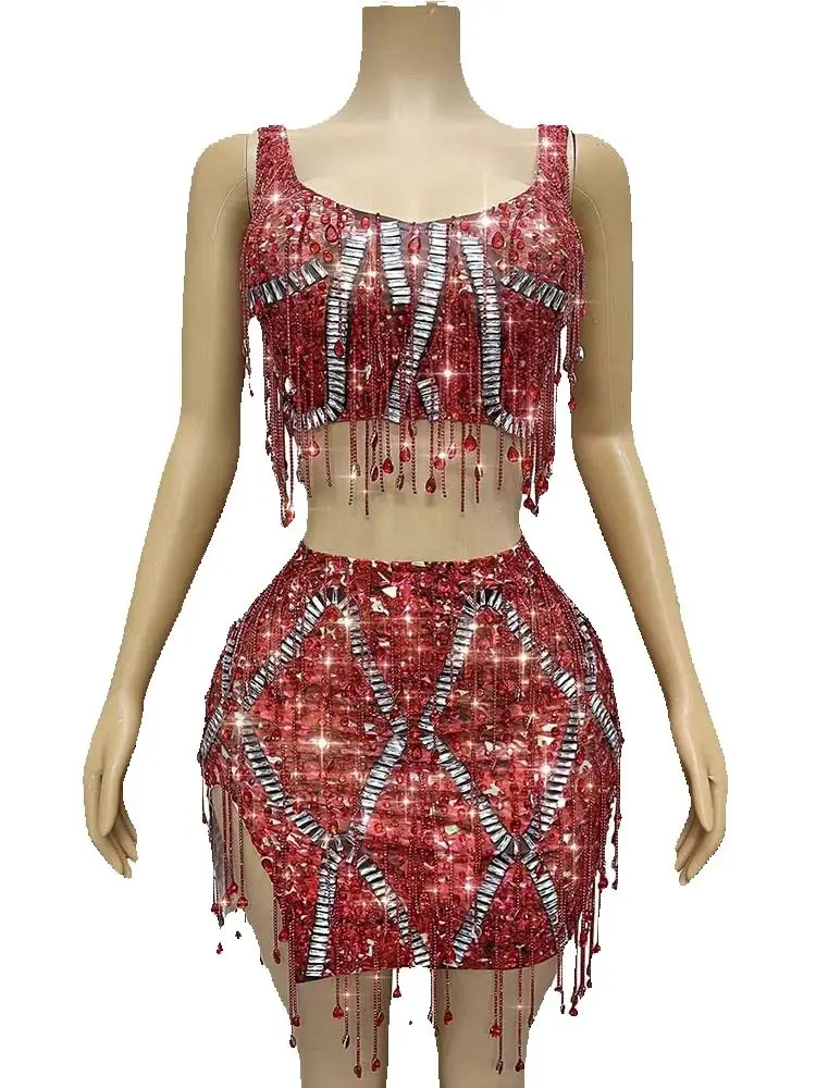

High Quality Rhinestone Tassel Vest Top+Skirt Set 2025 New Fashionable Custom Women'S Clothing