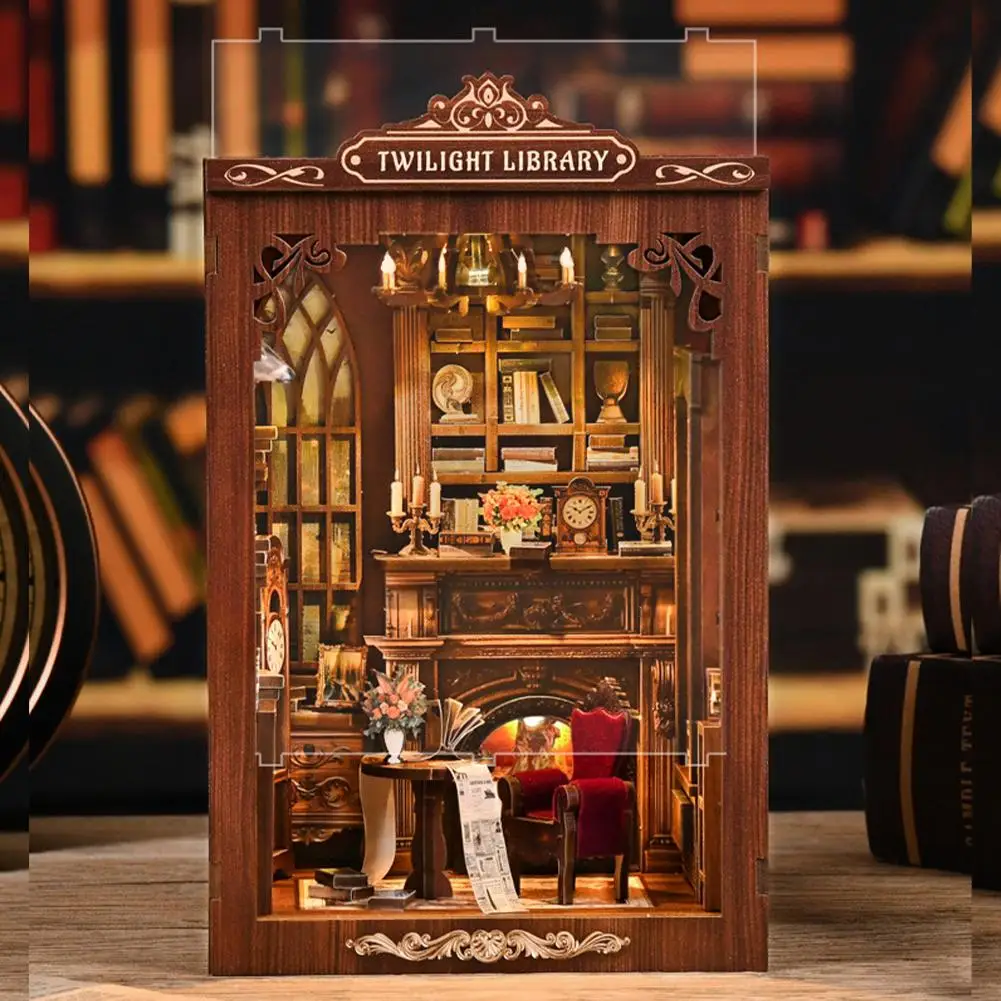 DIY Buchnische Miniatur-Holzpuppenhaus mit Licht Bücherregal-Einsatz Dekorationsmodell für Buchhandlungen Erinnerungen 3D-Puzzle-Montage