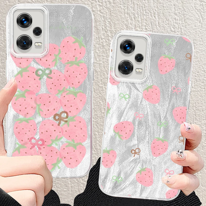 

Strawberry Bow Pink Printing For Xiaomi Redmi Note 13 12 11 11S 10 10S 9 9S 8 Pro Plus Max 5G Feather Yarn Back Phone Case