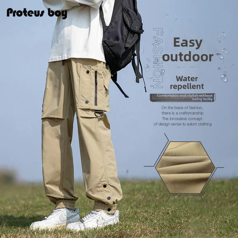 

ProteusBoy American Retro Zipper ket Outdoor Sports Waterproof Casual Trousers Workwear Trousers Loose Straight Leg Pants
