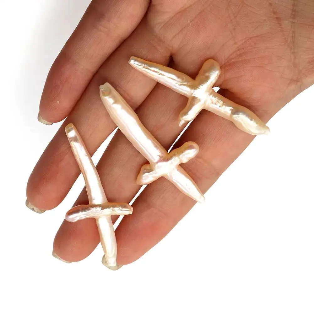 

1pc Cross-shaped Natural Freshwater Pearl Nonporous Bead Baroque-style Straight/horizontal-hole DIY Necklace Pendant Accessory