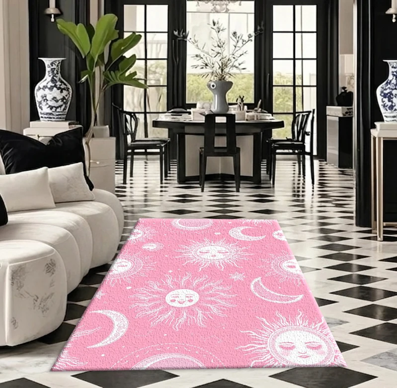 Pink Celestial Sun Moon Stars Carpet Mysterious Boho Astrology Seamless Pattern Printed Square Rug Suitable for Home Decoration