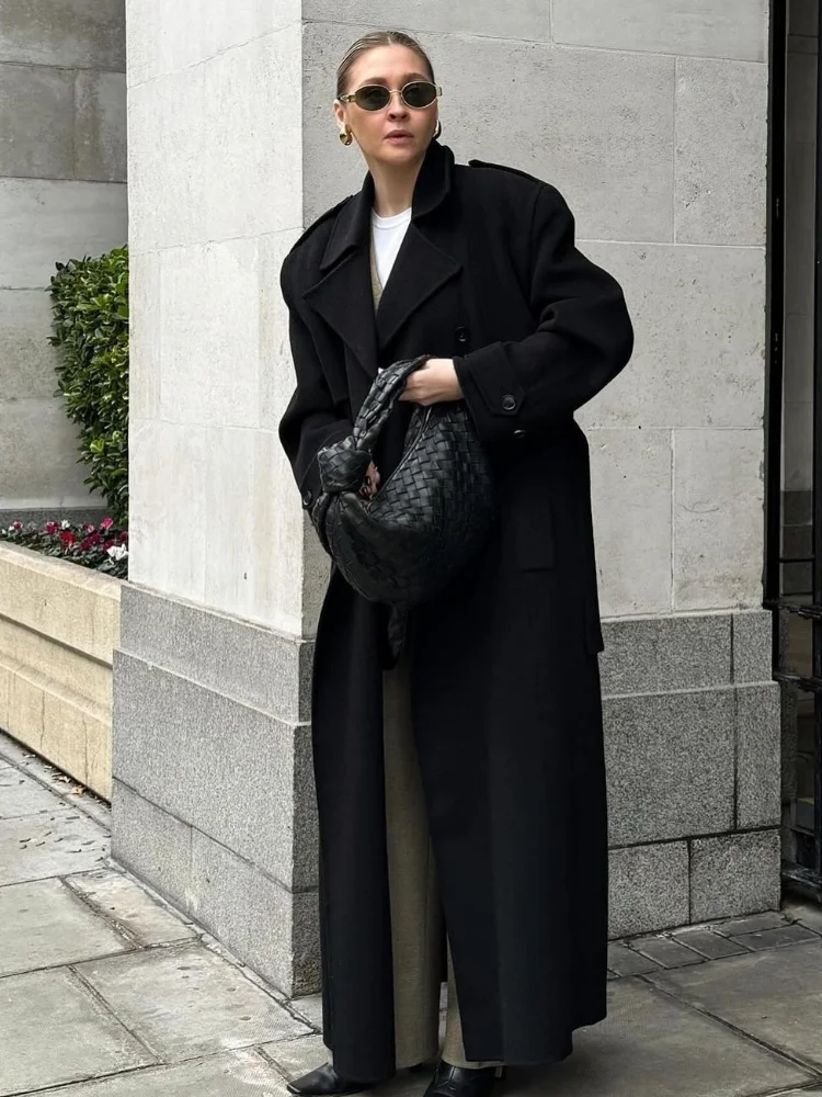 

Street Women's Burgundy Woolen Overcoat With Belt Vintage Lapel Double Breasted Long Coats 2025 Autumn Winter Lady Chic Outwear