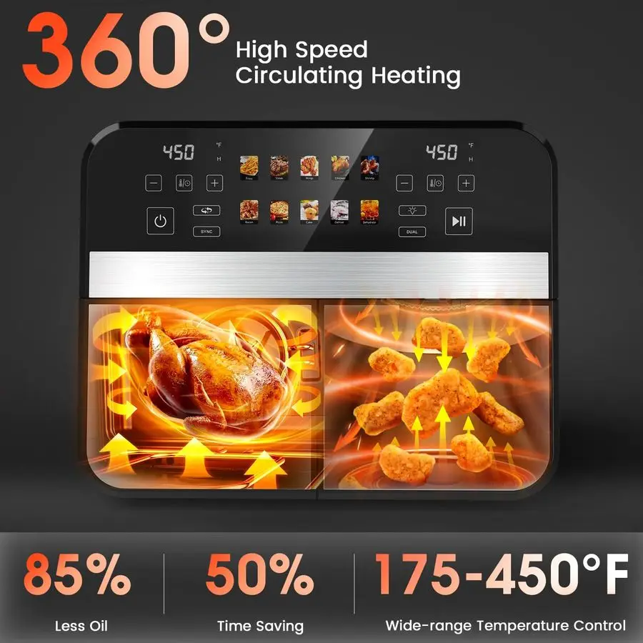 مقلاة هوائية مزدوجة السلة، فرن مقلاة هوائية رقمية 12 بوصة مع نوافذ مرئية، 5QT x 2 درج، لوحة OneTouch LED، لمسة نهائية مزامنة، Dehy #3