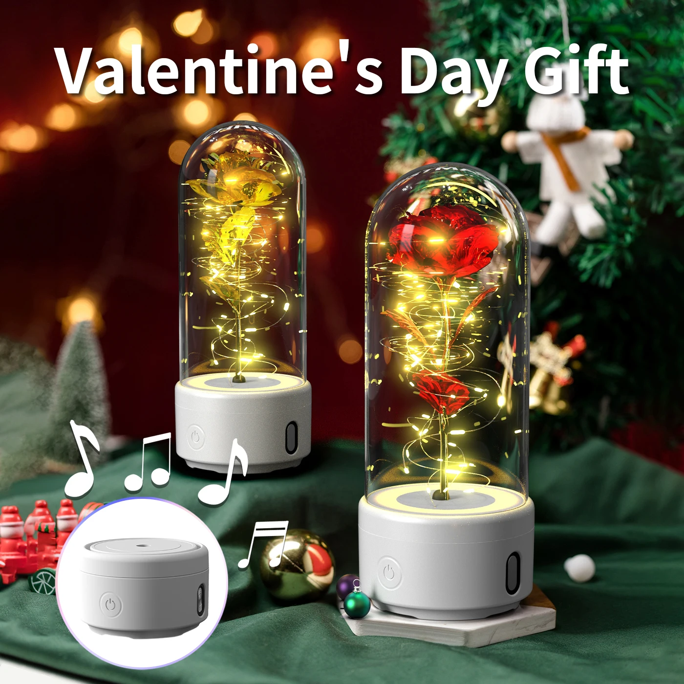 2 In 1 Rose Light Artificial Galaxy Bluetooth Speaker Valentine's Day Gift Rose Luminous Night Light Ornament In Glass