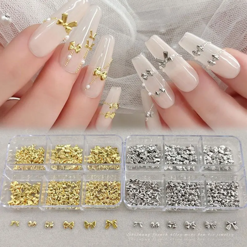 6 rejillas de lazo 3D para decoración de uñas, dijes con forma mixta, joyería con lazo, cinta de gemas para uñas, decoración de manicura dorada y plateada, accesorios para decoración de uñas