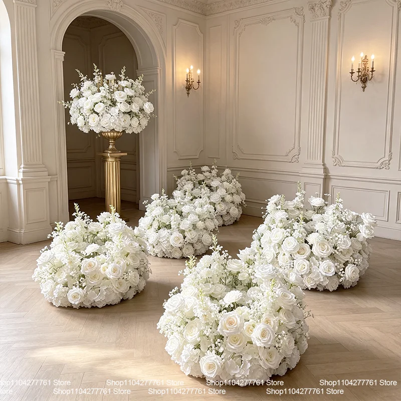 23-11.81IN Luxuriöser Kranz aus künstlichen weißen Babyblümchenrosen für Hochzeitstische, Blumenschmuck, Deko, Straßenarrangement, Party-Requisite – Detail 5